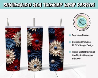 Può includere: Tre bicchieri dritti da 591 ml con un motivo floreale rosso, bianco e blu. I bicchieri hanno una cannuccia e un coperchio in acciaio inossidabile. L'immagine include anche il testo "Sublimation and Tumbler Wrap Designs" e "Instant Digital Download High Quality Designs".