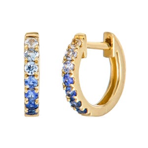 Blue Ombre Hoop Earrings, 18k Solid Gold Minimalist Earring, Natural blue sapphire gradient Huggie hoops earrings, hoops gold Earring