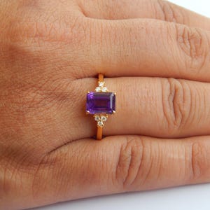 Emerald Cut Amethyst Ring: 14k Yellow Gold, Moissanite Accents
