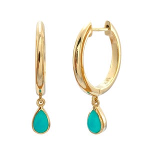Genuine Turquoise Earrings, Dainty 14k Solid Yellow Rose White Gold Huggie Earring, Small Hoops, Drop Dangle Hoops Earrings, Wedding Earring