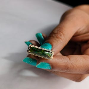 Green Tourmaline Faceted Cut Ring, Baguette Bi Watermelon Tourmaline Ring, Cluster Ring, 14K Solid Gold Ring, Minimalist Rare Find Jewelry