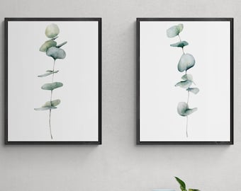 Eucalyptus Watercolor  Straight Leaves Set of 2 | Home Decor Art, Botanical Prints, Floral Prints, Flower Art, Wall Art Hangings, Wall Print