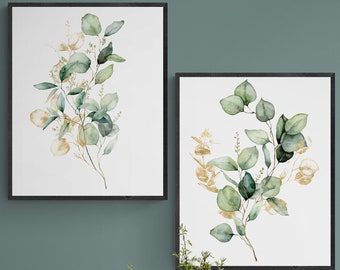 Gold Green Eucalyptus Bouquets Set of 2 | Home Decor, Wall Decor, Botanical Art, Floral Paintings, Flower Art, Wall Hangings, Living Room