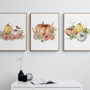 Conjunto de 3 arte de abóbora em aquarela de outono | Ação de Graças, outono, decoração de casa, tapeçaria, estampas de outono, Halloween, arte de cozinha