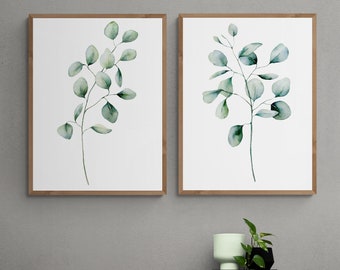 Eucalyptus Watercolor leaves Set of 2 | Home Decor, Wall Decor, Wall Art, Wall Prints, Kitchen Art, Wall Hanging, Floral Art, botanical