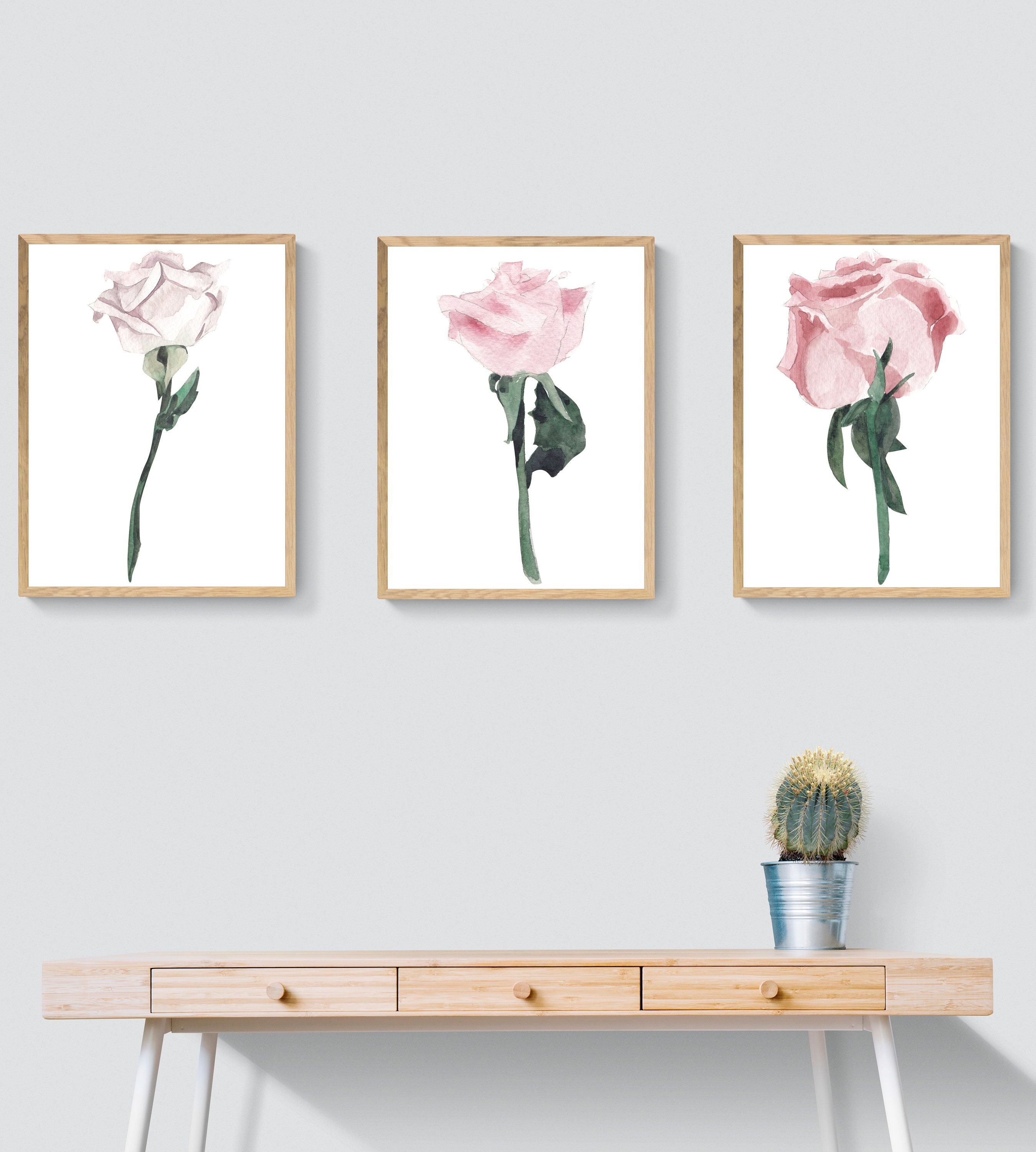 Pink White Watercolor Rose Set of 3 | Flower Art, Gallery Floral Art, Rose Paintings, Kitchen Art, Wall Hangings, Wall Decor, Botanical Art