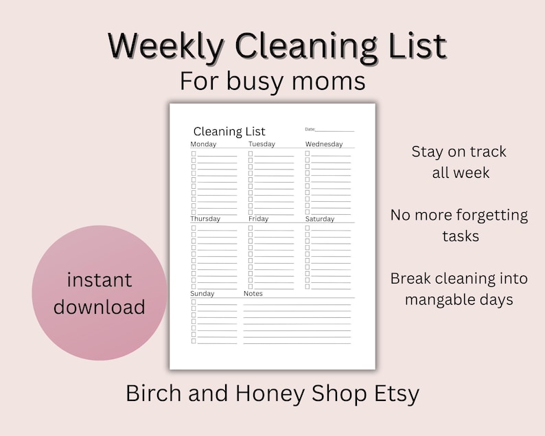 Weekly Cleaning List: Printable Cleaning Schedule (PDF) for Busy Moms ...