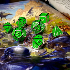 7 Piece Metal Dice Set- &quot;Goblin Glow&quot; | SharpEdge DnD Dice | Dungeons and Dragons Dice | Role Playing Dice Gift | TTRPG Dice