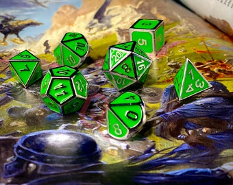 7 Piece Metal Dice Set- "Goblin Glow" | SharpEdge DnD Dice | Dungeons and Dragons Dice | Role Playing Dice Gift | TTRPG Dice