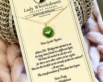 Custom Listing / UK and Canada Buyers / Penelope Emerald Green Bee Necklace & Lady Whistledown Pin