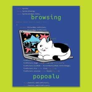 May include: A blue graphic with a cartoon cat and a laptop showing a fish. The word "browsing" is in green, and "popoalu" is at the bottom. The image includes code. The cat has black spots.