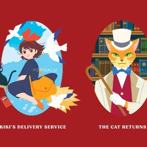 May include: Two illustrations of scenes from the Studio Ghibli films Kiki's Delivery Service and The Cat Returns. The first image shows Kiki flying on a broomstick with her black cat Jiji. The second image shows a cat wearing a top hat and a bow tie, holding a cane.
