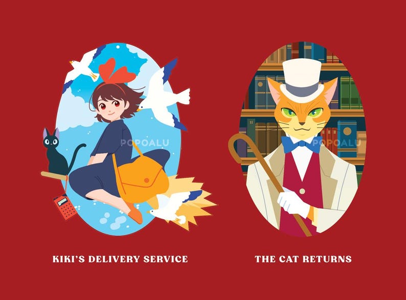 May include: Two illustrations of scenes from the Studio Ghibli films Kiki's Delivery Service and The Cat Returns. The first image shows Kiki flying on a broomstick with her black cat Jiji. The second image shows a cat wearing a top hat and a bow tie, holding a cane.