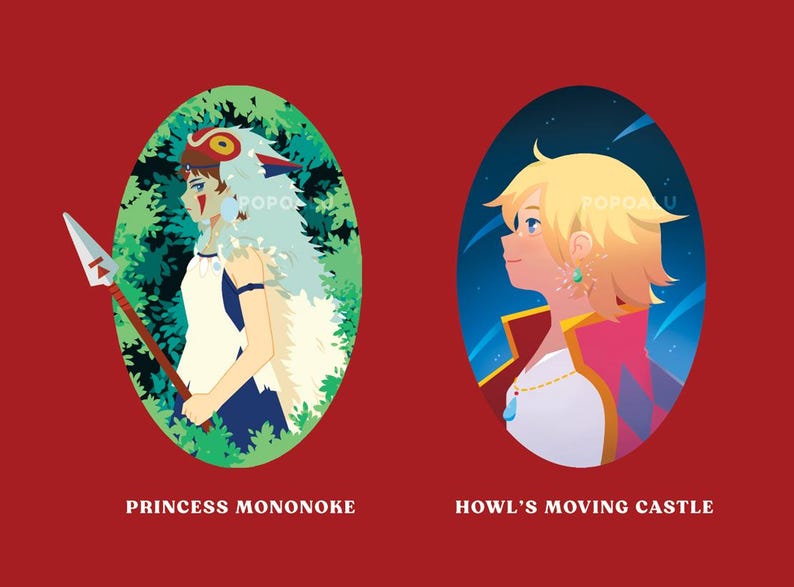 May include: Two illustrated portraits of characters from Studio Ghibli films. On the left, Princess Mononoke from "Princess Mononoke" is depicted with a spear and a wolf spirit. On the right, Howl from "Howl's Moving Castle" is shown with blonde hair and a red and pink coat.