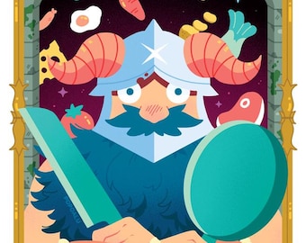May include: Illustration of a cartoon character in a helmet and armor, holding a sword and a shield. The character is surrounded by food items like vegetables, eggs, and meat, with a bowl of food at the top. The artwork has a medieval theme.