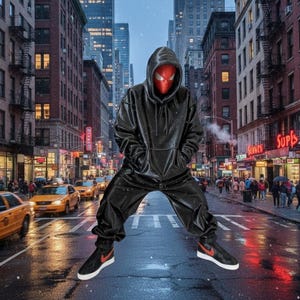 May include: A person in a black hooded jumpsuit and black sneakers with red accents, wearing a red mask with white eye details, stands in a city street with yellow taxis and tall buildings.