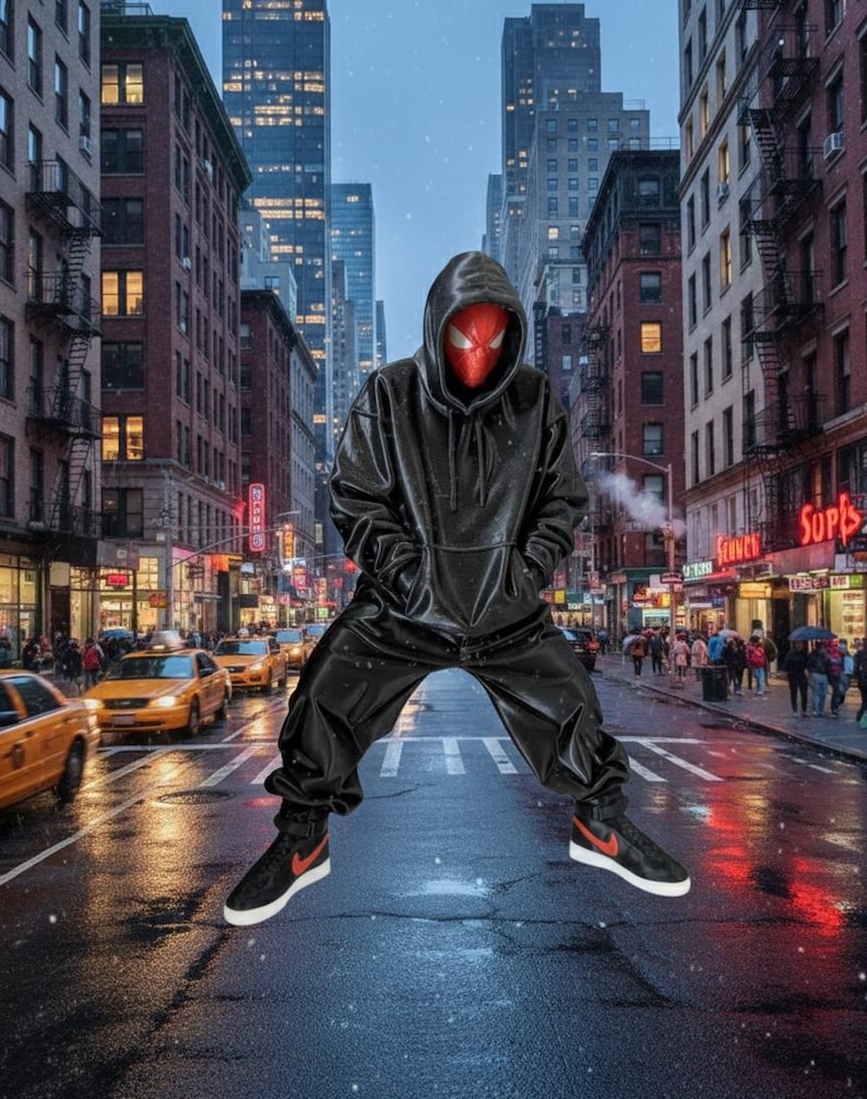 May include: A person in a black hooded jumpsuit and black sneakers with red accents, wearing a red mask with white eye details, stands in a city street with yellow taxis and tall buildings.