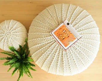 Large Bean Bag Pouf, Coffee Table, Crochet Ottoman, Chunky Knit Pouffe, Round Footrest, Scandinavian, Boho Chic, HANDKNIT XXL POUF, cream