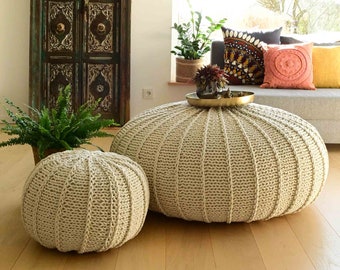 Large Bean Bag Pouf, Coffee Table, Crochet Ottoman, Chunky Knit Pouffe, Round Footrest, Scandinavian, Boho Chic, HANDKNIT XXL POUF, cream