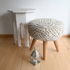 Bohemian Footstool with Wooden Legs, Plant Stand, Flower Stand, Footrest, Seating, Mandala Pattern, BOMBAY MACRAMÉ STOOL