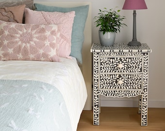 JAIPUR BONE INLAY Bedside Table, Indian Intarsia Night Table, Embellished Night Stand, Oriental Design, Moroccan Style, Black & White