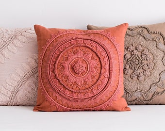 Mandala Cushion Cover, Decorative Pillow, Embroidered Sofa Cushion, Floral Design Embroidery, Flower, Orange, KAMALA MANDALA CUSHION Cover