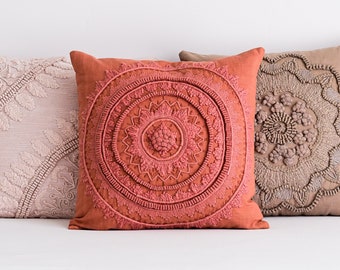 Mandala Cushion Cover, Decorative Pillow, Embroidered Sofa Cushion, Floral Design Embroidery, Flower, Orange, KAMALA MANDALA CUSHION Cover