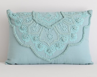 Embroidered Cushion, Decorative Cushion, Sofa Pillow, Mehndi Design, ornamental Indian Pattern, Bohemian Embroidery, SUNDA CUSHION TURQUOISE