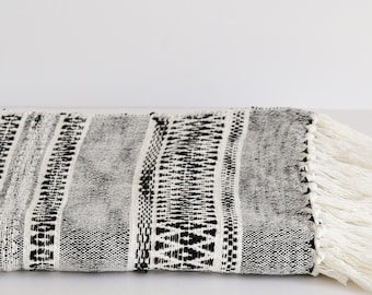 Blanket with Bohemian Style Pattern, Cotton Throw with Fringes, Beige Plaid with Folklore Pattern, Sofa Blanket, off-white/black