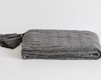 Knit Blanket with Cable Knit Pattern, Knit Throw with Tassles, Knitted Cotton Plaid, Sofa Throw, Yoga Blanket, dark grey