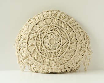 Macramé Mandala Cushion, Decorative Cushion with tassles, Round Sofa Pillow, Boho Living, Yoga Meditation Cushion, Gift, beige