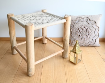 Bohemian Footstool with Wooden Legs, Plant Stand, Flower Stand, Footrest, Seating, Mandala Pattern, AGRA MACRAMÉ STOOL