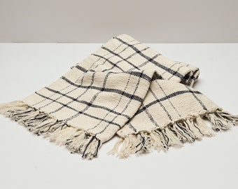 Blanket with Checked Pattern & Fringes, Sofa Blanket with Check, Throw with Checkered Pattern, handwoven Cotton Blanket, off-white dark blue