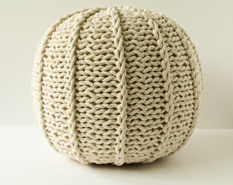 Knit Pouf, Handmade Knit Foot Stool, Crochet Ottoman, Chunky Knit Pouffe, Chunky Yarn Footrest, Scandinavian, HANDKNIT POUF CREAM