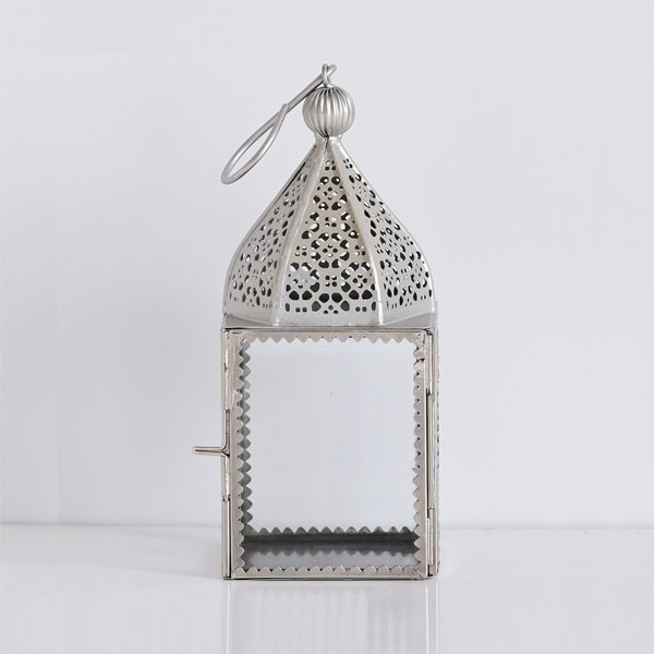 LANTERNE ORIENTALE RAZMI, Lampe marocaine en métal, lanterne des 1001 nuits, bougeoir Boho pour bougies chauffe-plat, argent brillant