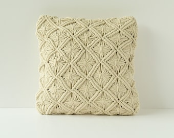 Macramé Boho Cushion, Decorative Cushion, Square Sofa Pillow, Bohemian Living, Yoga or Meditation Cushion, Housewarming Gift, beige