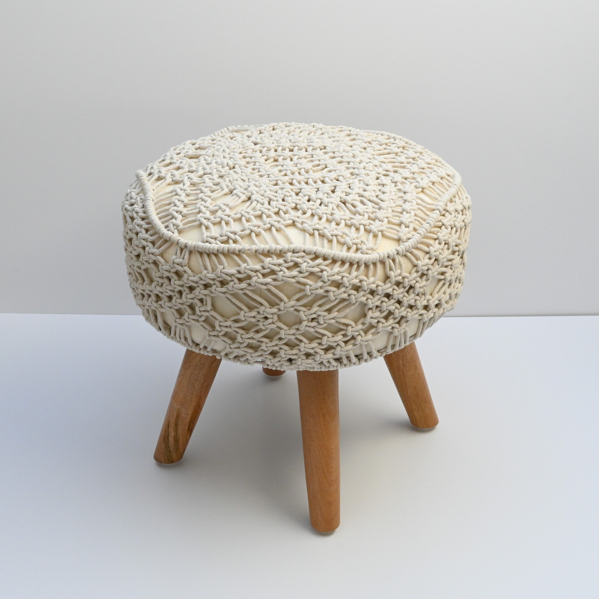 Bohemian Footstool with Wooden Legs Plant Stand Flower Stand Footrest Seating Mandala Pattern KERALA MACRAME STOOL