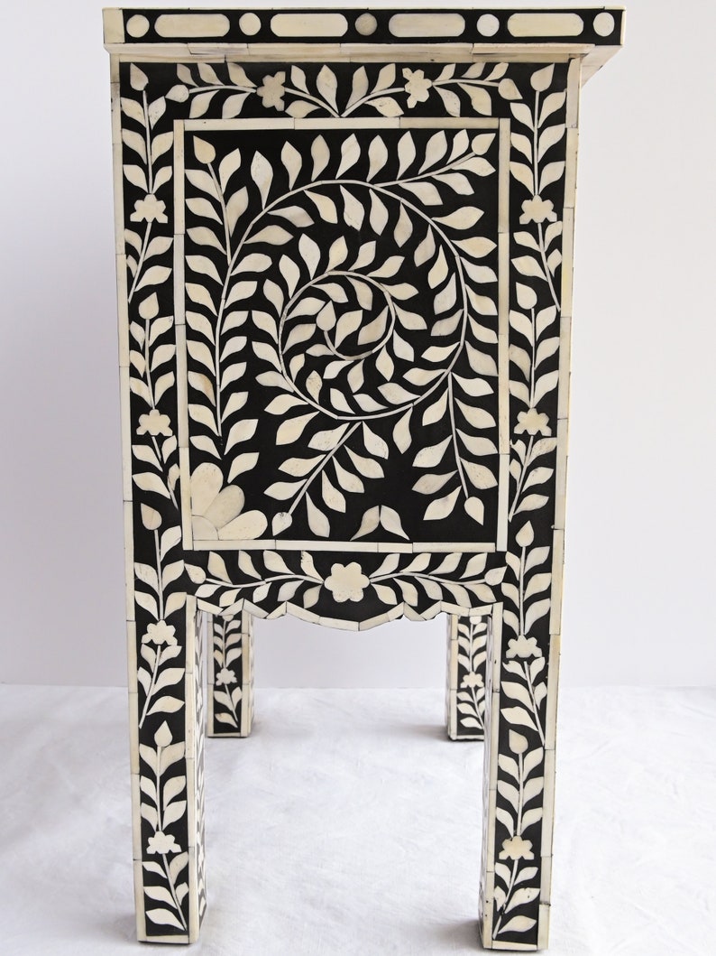 Table de chevet indienne intarsia, table incrustation d'os, table de chevet, table de nuit, orientale, marocaine, SIDE TABLE JAIPUR BLACK image 3