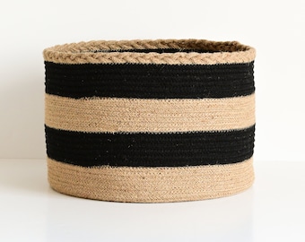 Decorative Basket, Round Basket, Storage Basket, black/beige, handmade, STRIPED JUTE BASKET 34 cm