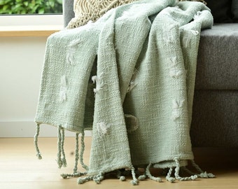 Cotton Blanket with Tufting & Fringes, Handwoven Throw with Secure Tufting, Handmade Blanket, mint green, scandinavian style