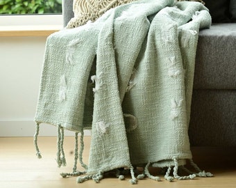 Cotton Blanket with Tufting & Fringes, Handwoven Throw with Secure Tufting, Handmade Blanket, mint green, scandinavian style