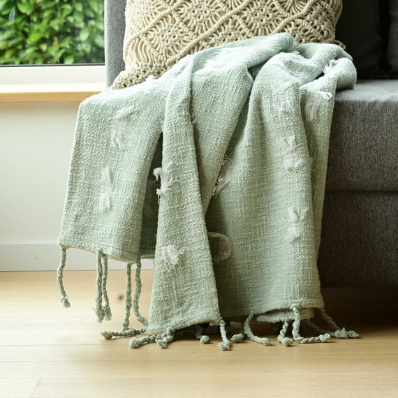 Cotton Blanket With Tufting Fringes Handwoven Throw With Secure Tufting Handmade Blanket Mint Green Scandinavian Style Etsy