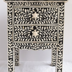 Table de chevet indienne intarsia, table incrustation d'os, table de chevet, table de nuit, orientale, marocaine, SIDE TABLE JAIPUR BLACK image 2