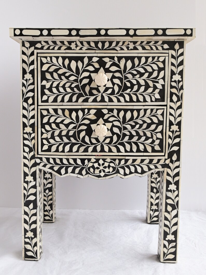 Table de chevet indienne intarsia, table incrustation d'os, table de chevet, table de nuit, orientale, marocaine, SIDE TABLE JAIPUR BLACK image 2