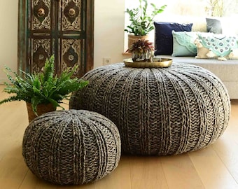 Large Bean Bag Pouf, Scandinavian Coffee Table, Crochet Ottoman, Chunky Knit Pouffe, Round Footrest, Boho Chic, HANDKNIT XXL POUF, dark grey