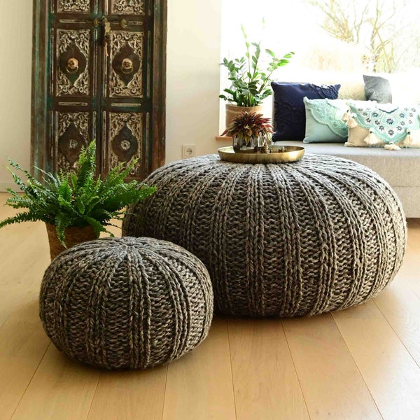 XXL Strickpouf, Grobstrick Hocker, Skandi Pouffe, Boho Bodenkissen, Couchtisch rund, Ablage, Ottomane, gestrickter XXL POUF, dunkelgrau