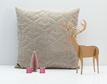 Velvet Cushion Cover, Decorative Pillow, Embroidered Sofa Cushion, Geometric Pattern, Bohemian Style, Velour, Taupe, MARRAKECH CUSHION COVER