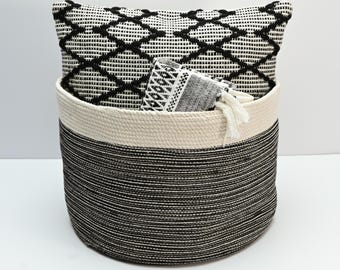 Storage Basket, Decorative Basket, Handmade Basket, Round Basket, black & white pattern, mottled stripes, LARGE COTTON BASKET 39 cm