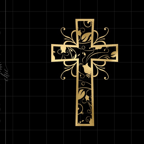 Gold Filigree Cross Png Downloads | Gold Foil Filigree Cross Cricut Cut Files Download | Gold Christian Cross Art SC22GF