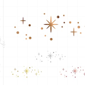 May include: A white background with three different colored sets of stars and dots. The first set is gold, the second is silver, and the third is rose gold.
